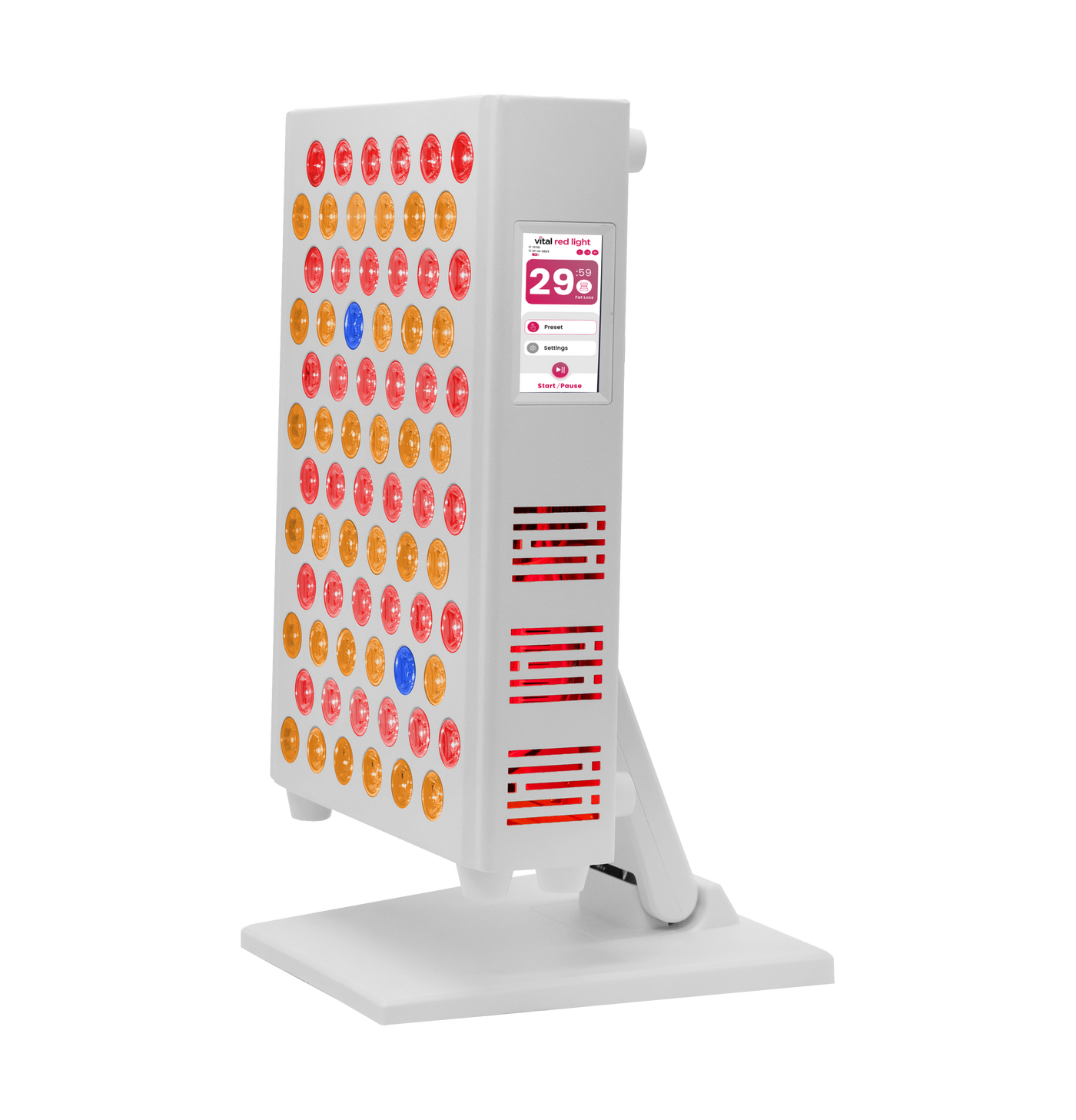 Vital Pro 2.0 red light therapy panel on its adjustable stand with the touchscreen timer active