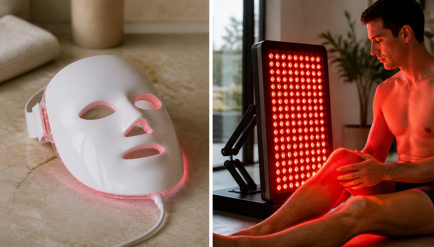 A consumer LED face mask compared with a high-output red light panel used at home