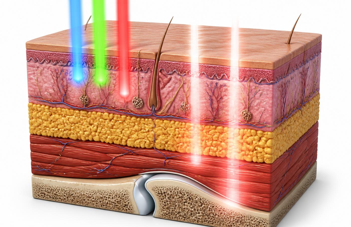 Medical illustration showing light penetrating the skin, fat, muscle and joint at different depths